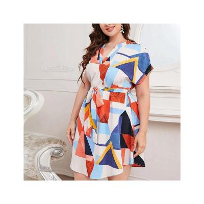 China Comfortable Anti-Static Sexy Geometric Graphic Print V-Neck Breathable High Waist Slim Plus Size Dress for sale