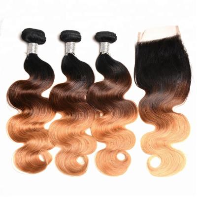 China Body Wave Ombre 3 Tone Color 1B/4/27 Remy Brazilian Body Wave Human Hair Weave Bundles With Closure for sale