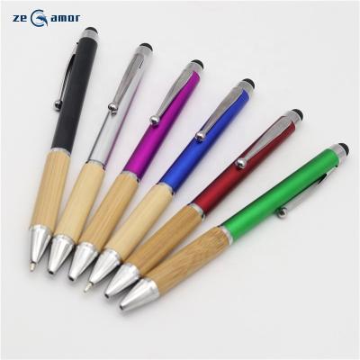 China Pen Zeamor Boligrafo Promotional 2022 ECO Super Wood Bamboo Grip Silver Metallic Custom Company Logo Branded 2 in 1 Ball Pen With Twist Stylus for sale