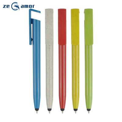 China 2021 New Design Promotional Pen 3 In 1 Wheat Straw Multifunctional Phone Holder Environmental Friendly Logo Custom Pens With Tablet Stylus for sale