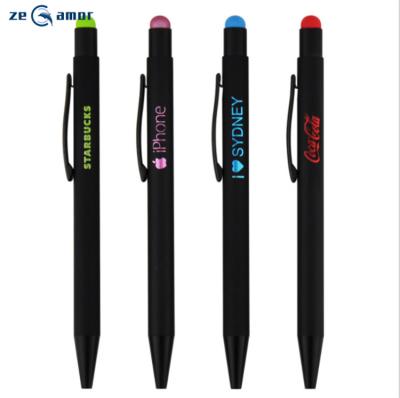 China Promotional Pen Best Selling Manufacturing Pluma Logo Laser Engraved Aluminum Rubber Click Action Fingerprint Finish Metal Soft Ball Pen With Stylus for sale