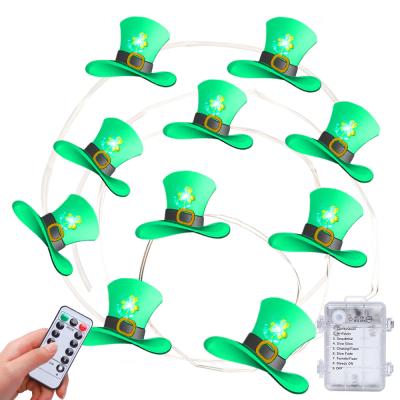 China Indoor Decoration St Patrick's Day Battery Operated Lucky Shamrock Green Cloever Hat LED String Lights With Remote Control for sale