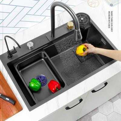 China With 304 Tiktok Metal Faucet Trends Gray Stainless Steel Kitchen Sink Sets With Flight Rainfall Faucet for sale