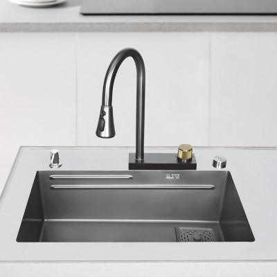 China With Faucet Tiktok Trends Metal Black Stainless Steel Kitchen Sink Sets With Flying Rainfall Faucet for sale