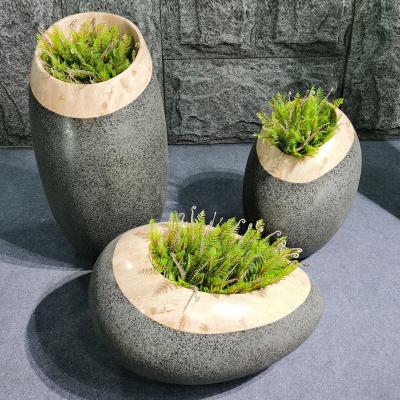 China Modern Wooden Grain Fiberglass Flower Pot for Indoor Decoration Garden Hotel FRP Planter Plant Pot for sale