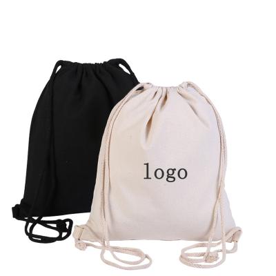 China Customized Eco-friendly Logo Plain Cotton Bag Suction String Backpack Cotton Canvas Drawstring Natural Shopping Backpack for sale