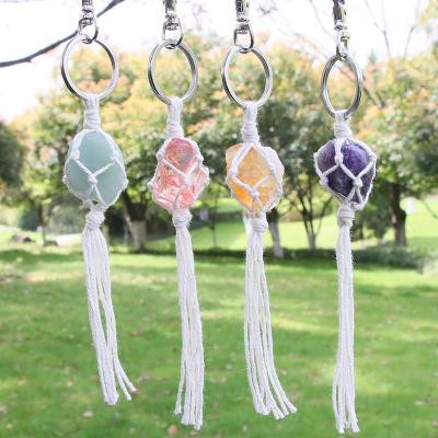 China Europe Handmade Multi Color Natural Raw Crystals Irregular Healing Stones Keychains Ornament With Yarn Woven Tassel for sale