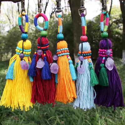 China Europe Yarn Bohemian Handmade Beaded Colorful Tassel Head Chain Ornament DIY With Raw Healing Amethyst Crystal Stone for sale