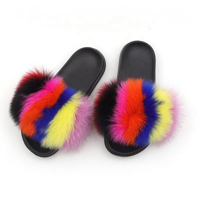 China Wholesale real fox feather fur slippers fashion trend woman fuzzy slippers open toe fur sandals slides for sale