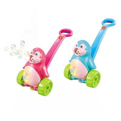 China Plastic Kids Hand Push Penguin Bubble Cart Outdoor Electric Machine Toy Bubble Car Toys for sale