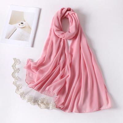 China Fashion new style solid color lace edge muslim single scarf 70*180CM long chiffon Hijab for women for sale