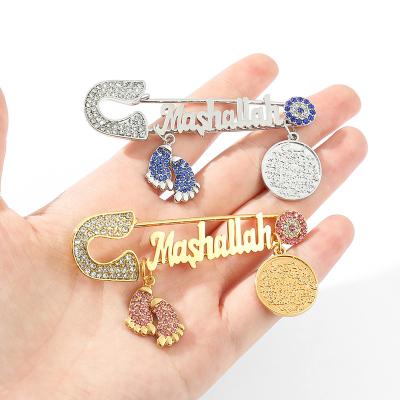 China Luxury Islamic Muslim Letter Mashallah Scarfs Buckle Brooches Decoration Metal Badge Pendant Pin With Rhinestones for sale