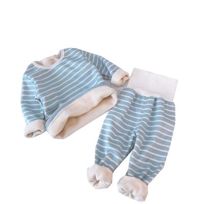 China KYO Girls Striped Cotton Autumn cashmere pajamas and winter sweater kids thermal underwear plus cashmere pajamas for sale