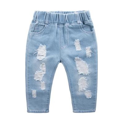 China Breathable KYO Boys And Girls Fashion Pants Baby Soild Light Blue Ripped Denim Pants for sale