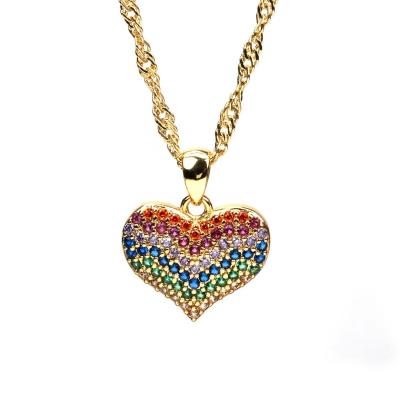 China Europe and America New copper inlaid color diamond love necklace women's copper plated gold pendant wave chain for sale