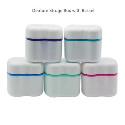 China Dental Regional Denture Box Denture Bath Container False Teeth Cleaning Box with Basket Storage for sale