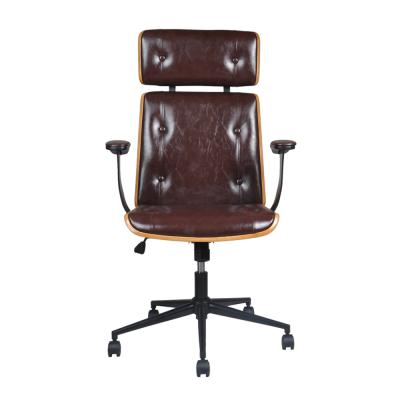 China (Size)Adjustable Modern Style Brown Leather Tufted Adjustable Wood Arms Leather Office Chair for sale