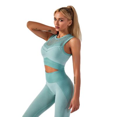 China 9213-3 Breathable Ready To Ship 3 Piece Yoga Mesh Compression Girls Bra Set Tank Tops Gym Wear Suit for sale