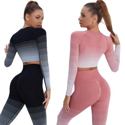 China Breathable 9490 RTS 2 Piece Long Sleeve Tops Stripe Set Women Yoga Equipment Butt Gaiters Seamless Tie Dye Workout Apparel Set Crac! crack! for sale