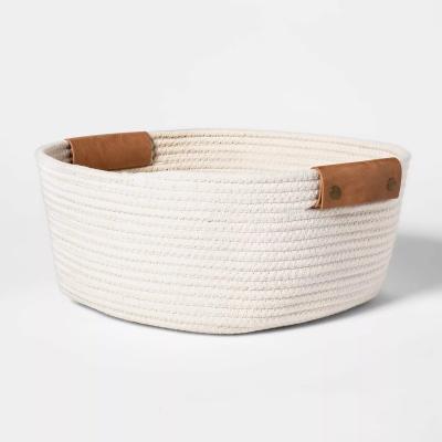 China Baseco Sustainable Decorative Coiled Basket Square Small Rope White With PU Handle for sale