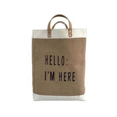 China 100% Eco Friendly Custom Printed Organic Reusable Leather Tote Burlap Jute Bag With Large Eco Shopping Handles for sale