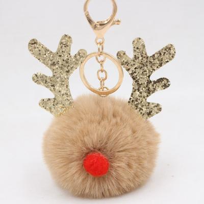 China Fur Key Ball Metal Glitter Christmas Deer Pom Poms Ring Soft Fluffy Faux Fox Purse Chain Key Pendant Accessories for sale