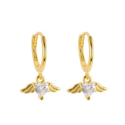 China CLASSIC European Popular Gold Plated S925 Wings Earrings Sterling Silver Heart Diamond Hoop Earrings For Women for sale