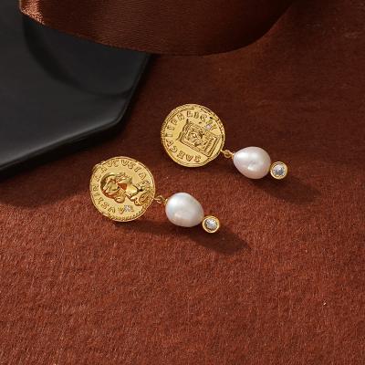 China Gold Tone Coin Pearl Dangle Earrings CLASSIC Luxury Gold Plated Zircon Portrait Coin Drop Earrings For Women for sale