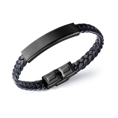 China Fashion Men's Woven Stainless Steel Bracelet Braided Leather Soft Surface Custom Name Custom Engrave Women's Bracelets for sale