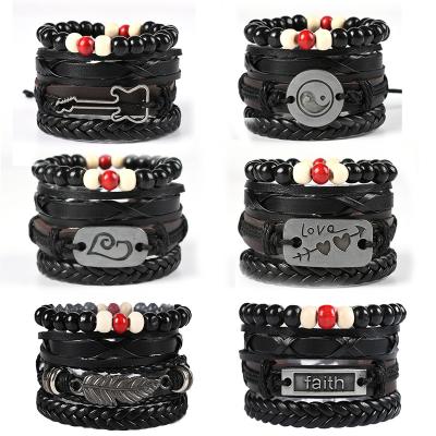 China 2021 fashion new design multilayer braided men's leather bracelet set handmade bracelets and rope wrap bracelets for sale