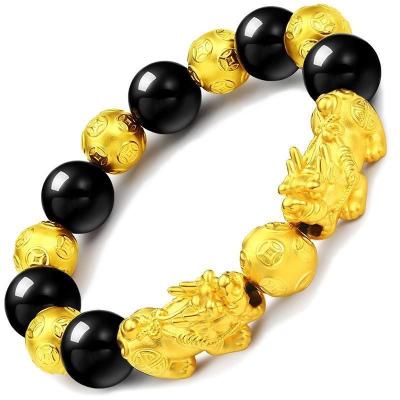 China CLASSIC Fengshui Natural Stone Beaded Pixiu Bracelet Wealth Good Luck Double Obsidian Pixiu Charm Bracelet for sale