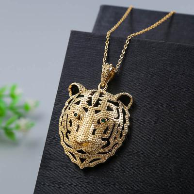 China Vintage Hip Hips Copper Hollow Tiger Animal Necklaces Green Zircon Tiger Head Pendant Necklaces Emerald Gold Plated for sale