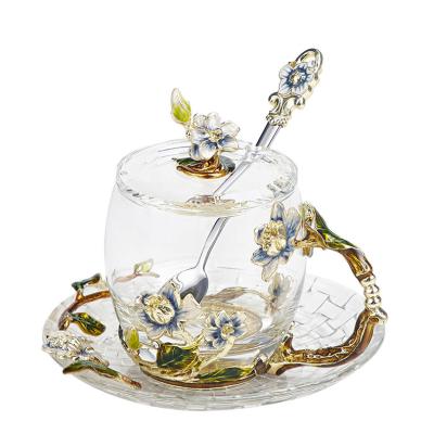 China Sustainable Enamel Glass Jasmine Flower Tea Cup Spoon Set Part With Cup Lid for sale