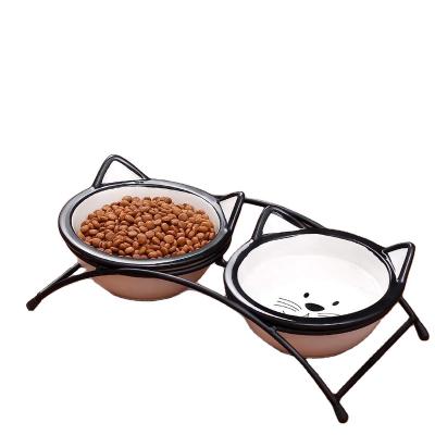 China Non-automatic Elevated Cat Bowls with 2 Ceramic Bowls and 2 Stainless Steel Bowls Elevated Cat Food Water with Iron Stand Porcelain Pet for sale