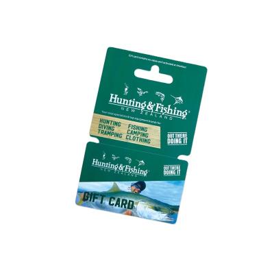 China Supermarket Custom 0.65mm Plastic Die Cut Combo 2up Gift Voucher Printing Magnetic Stripe Snap-Up Card With Hanger Hole for sale