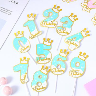 China Blue Cake Topper 0-9 Numbers Crown Wedding Anniversary Cake For Party Decorations Happy Birthday Paper Cake Topper for sale