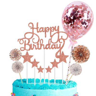 China Cake Topper Cake Decoration Pink Glitter Happy Birthday Fan Balloon Cake Topper Stars Heart Cake Topper Set for sale