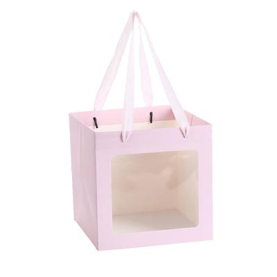 China 15*15*15cm Recyclable Romantic Rose Gift Bag Floral Shopping Place Tote Paper Bag With Window /Handle for sale