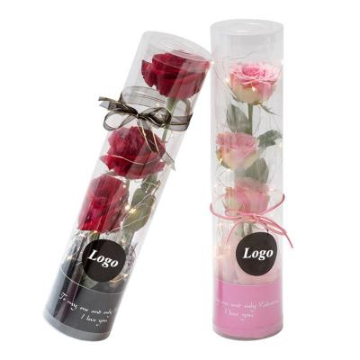 China Recycled Black Round Rose Flower Box PVC Cylinder Materials Valentine's Day Light Rose Bouquet Gift Box for sale