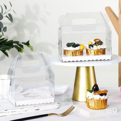 China Custom Folding Portable PET Recycled Materials Plastic 1 2 3 Muffin Box Transparent Cake Sweet Box With Handle for sale