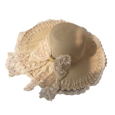 China Lolita Princess Straw Hats Fashion Lace Bow Knot Vintage Sun Protection Striped Hat For Women for sale