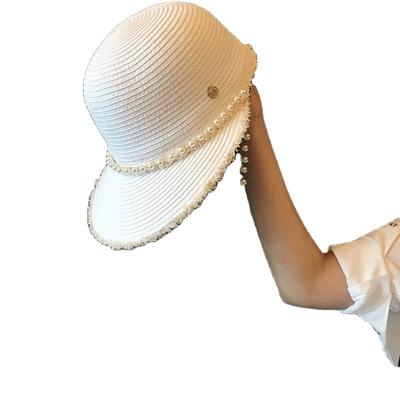 China Vintage Style Pearl Striped Designer Chained Women Summer Sun Protection Straw Hats for sale