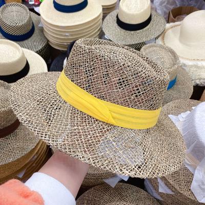 China Vintage Straw Hats Men Women Summer UV Flat Brim Hat Striped Handmade Weave INS Flat Brim Hat for sale