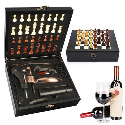 China Sustainable Amazon Factory supply Wooden chess game set wooden box wine accessories set wine corkscrew opener gift set for sale