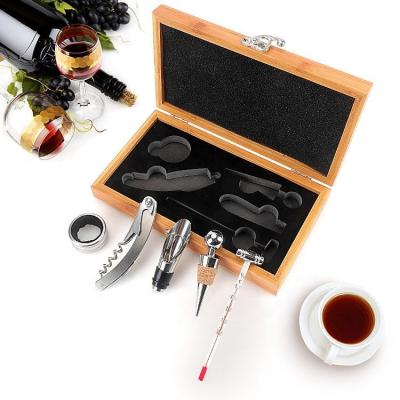 China Disposable Bamboo box 5 pieces wine accessories gift set wine opener set for Birthday Wedding Christmas for sale