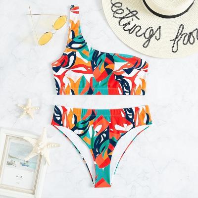 China Wholesale New High Quality Plus Size Sexy One-Shoulder Brazilian Bikini Set High-Waisted Solid Color Thong Beach Swimwear Ladies for sale