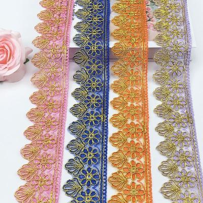 China Factory Custom Sustainable Many Colors African Lace Trim With Rhinestone Pattern Metallic Embroidered Lace Nigeria Venice Trim Wide 5.5cm for sale