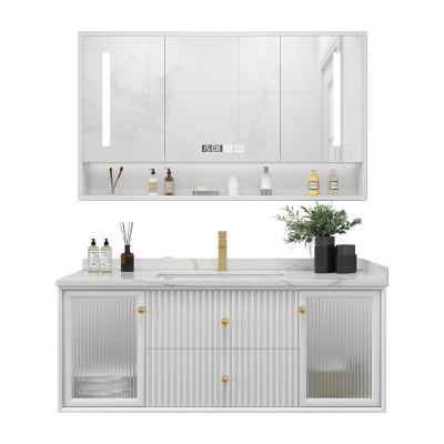 China Water Proof Eco-friendly Bathroom Cabinet Modern White Pink Wall Mounted Bathroom Vanity Cabinet With Mirror for sale