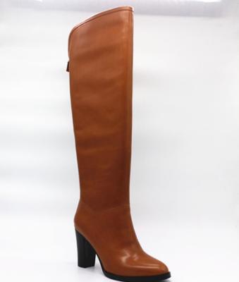 China Leather Upper Square Heels Cotton Brown Pointed Toe Knee High Boot for Ladies for sale