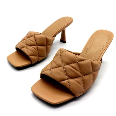 China 2022 Genuine Leather Female Square Toe Heels Fashion Summer Shoes Women Slipper Sandals for sale